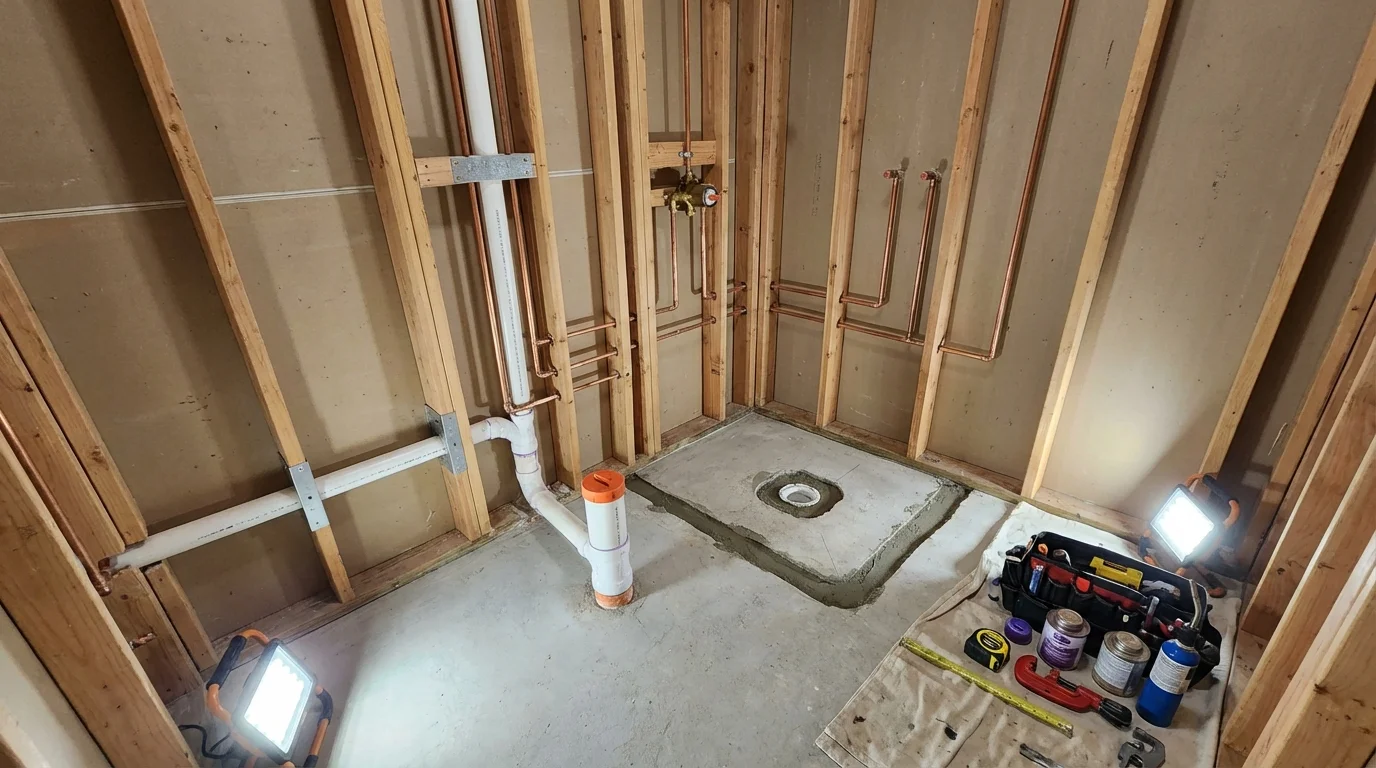 Bathroom rough-in plumbing during remodel by Johns Plumbing LLC in Loyalhanna