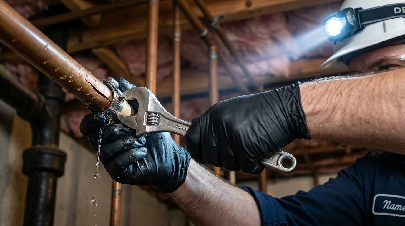 Emergency pipe clamp repair being performed by a Johns Plumbing LLC plumber in Loyalhanna