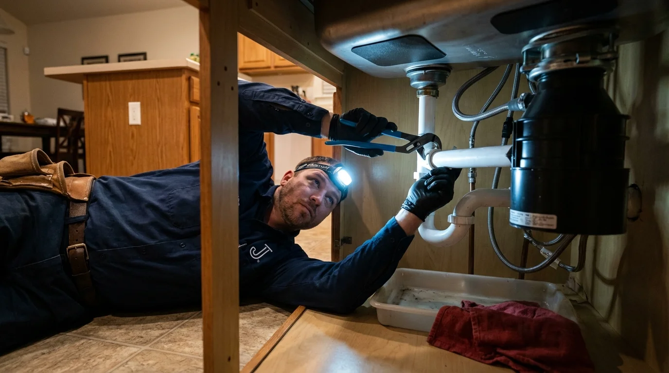 P-trap and supply line connections under a kitchen sink showing a common leak point in Loyalhanna, PA
